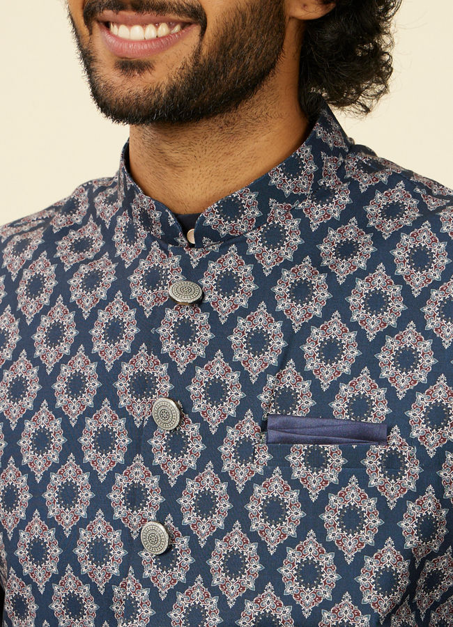 alt message - Manyavar Men Dark Blue Medallion Printed Nehru Jacket image number 1